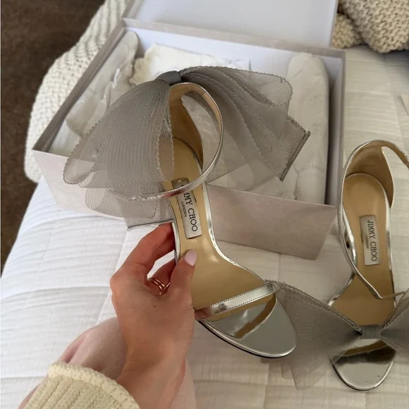 Jimmy Choo Silver Metallic Mesh Bow Slingback Heels - Picture 3 of 9